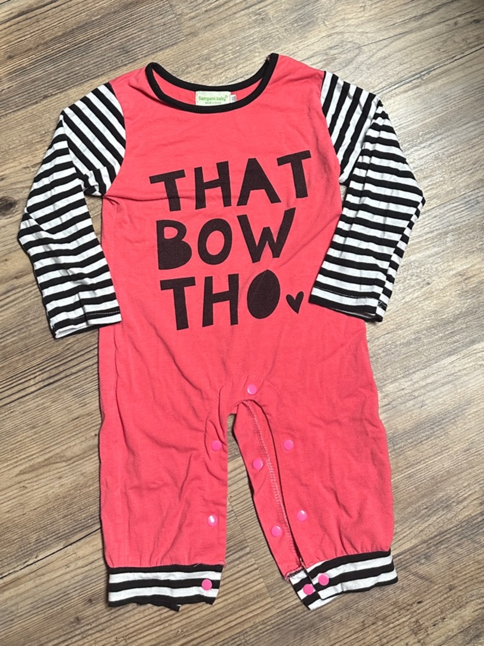 Toddler Pink One-Piece Romper with Black & White Striped Sleeves